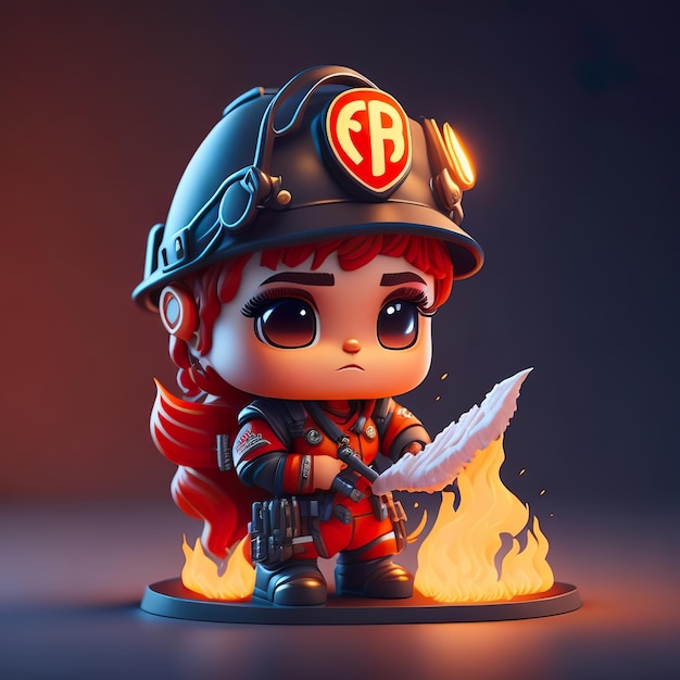 A cartoon figure of a woman with a fireman hat on.