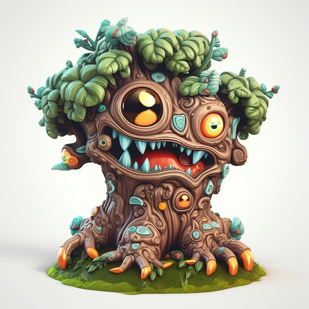 A cartoon figurine of a tree with green eyes and a big green eye.