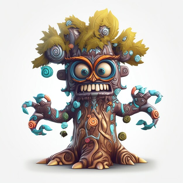 A cartoon figurine with a tree with a face and a skull on it.