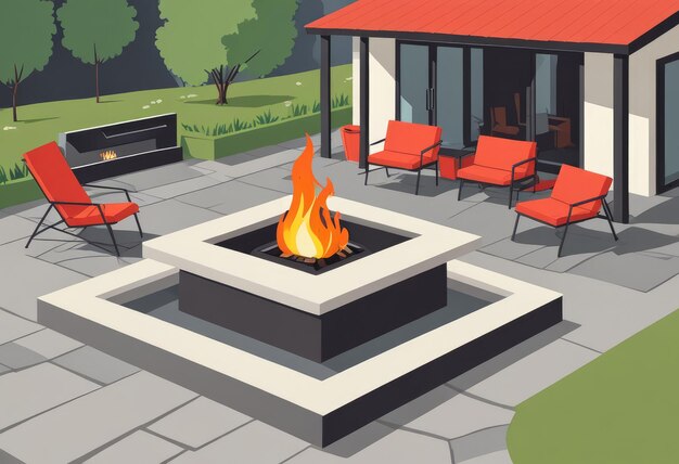 Photo a cartoon of a fire pit with chairs and a red roof