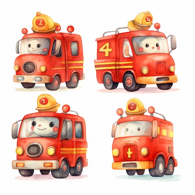 cartoon fire truck with different expressions and emotions generative ai