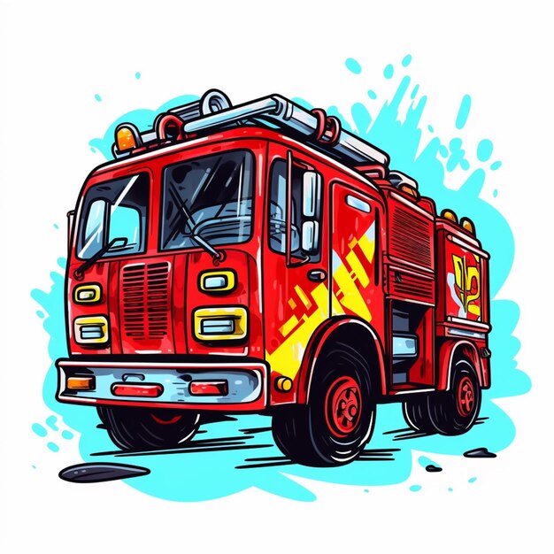 cartoon fire truck with yellow and red paint splashs on the side generative ai