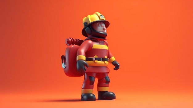 Мультяшный пожарный в пожарном шлеме стоит на красном фоне