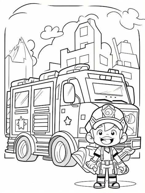 Photo a cartoon fireman with a fire truck in the background generative ai