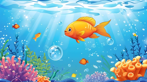 a cartoon of a fish swimming under the ocean with the fish