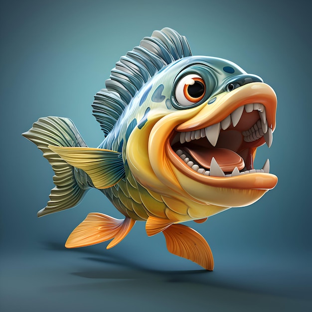 Cartoon fish with angry expression isolated on blue background 3d illustration