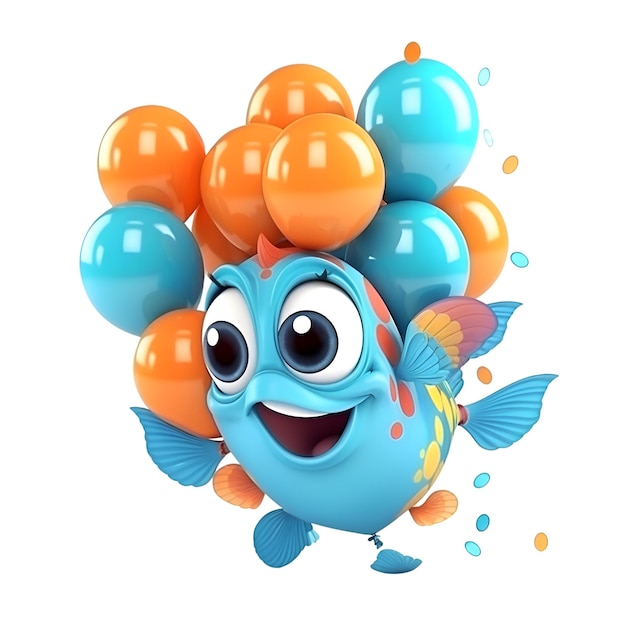 Foto pesce cartone animato con palloncini isolati su sfondo bianco illustrazione 3d