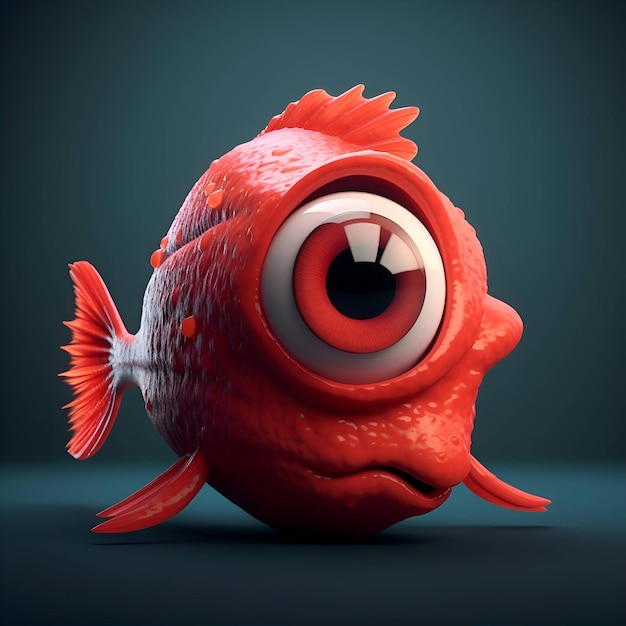 Cartoon fish with big eyes on dark background 3d illustration