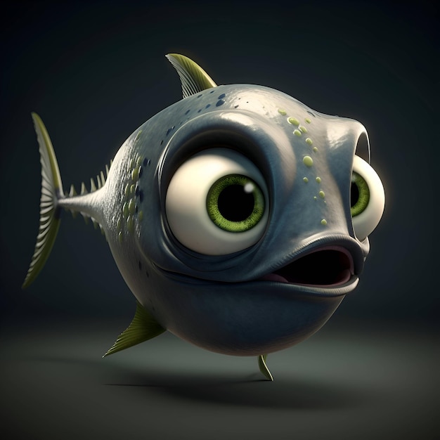 Cartoon fish with green eyes on dark background 3D illustration