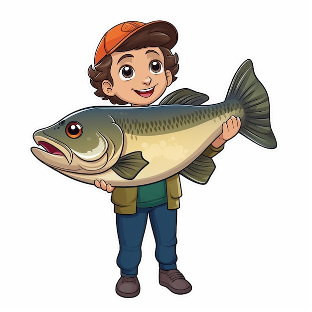 Photo cartoon fisherman holding a large fish on a white background generative ai