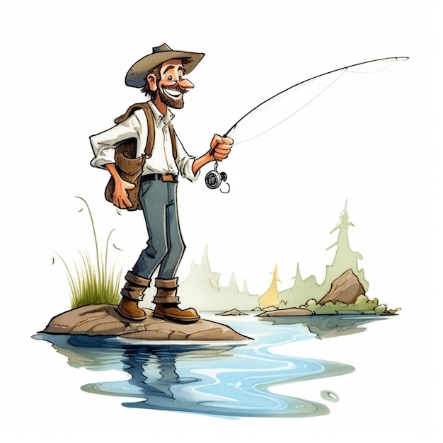 Cartoon fisherman on a rock with a fishing rod generative ai