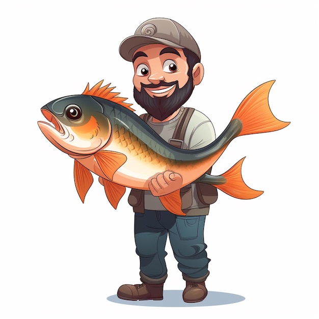 Фото Мультфильм рыбак с рыбой на белом фоне генеративный ai