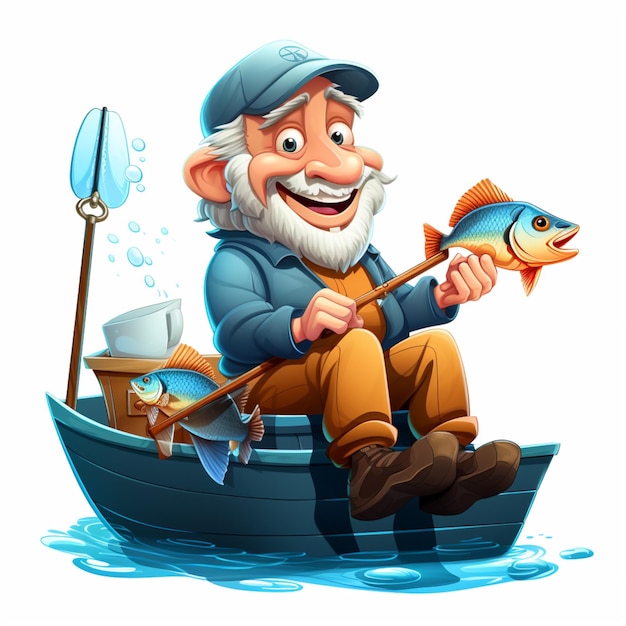 Photo cartoon fisherman with a fish in a boat generative ai