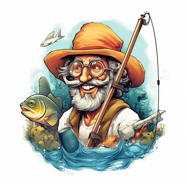 Photo cartoon fisherman with a fish and a fishing rod generative ai