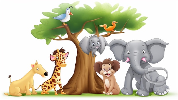 Cartoon five animals playing under the big Tree