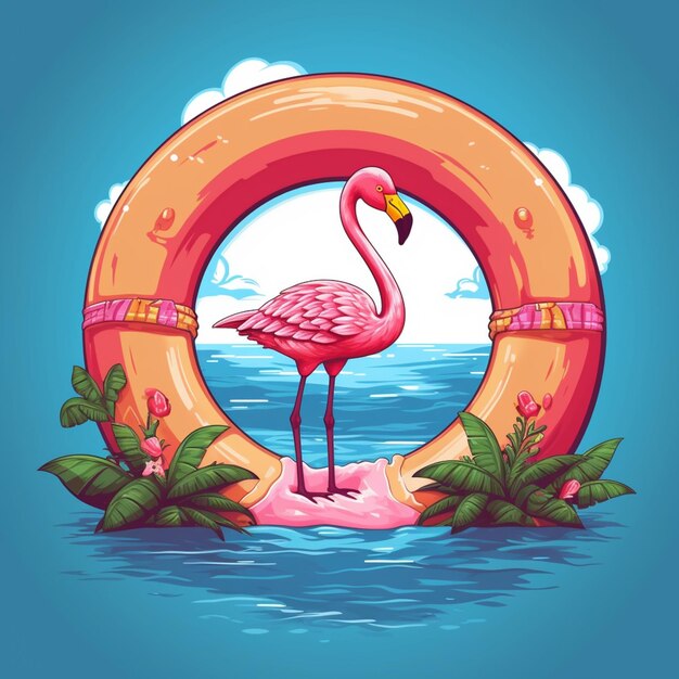 Cartoon flamingo standing on a float in the water with flowers generative ai