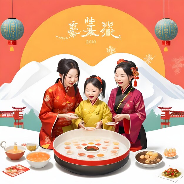 Cartoon flat illustration with family enjoying dongzhi festival with chinese food ai generate