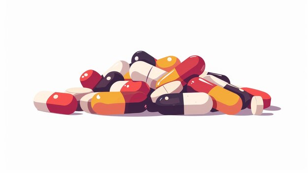 Photo in cartoon flat style an illustration of medical drugs in a pile isolated on a white background