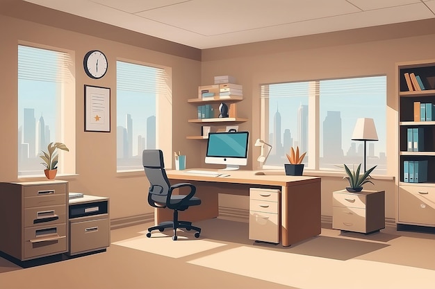 Cartoon flat vector interior office room in beige style Vector illustration