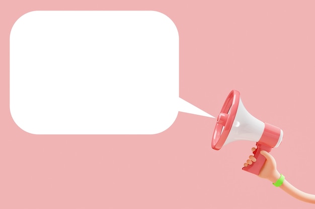 Cartoon flexible hand holding megaphone on pink background with copy space. 3d illustration