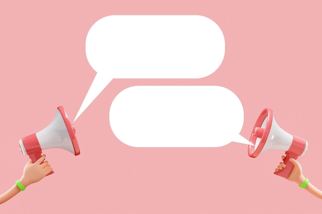 Cartoon flexible hand holding megaphone on pink background with copy space. 3d illustration