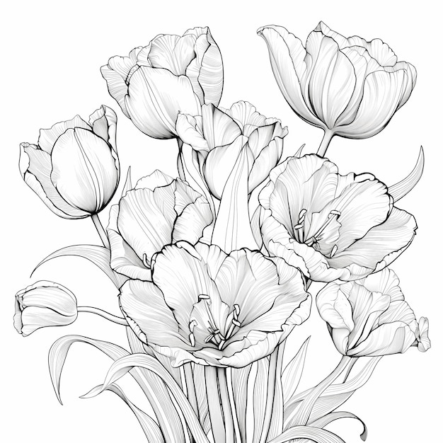 Картинная цветочная страница для окрашивания с небольшими деталями толстые линии тюльпанов