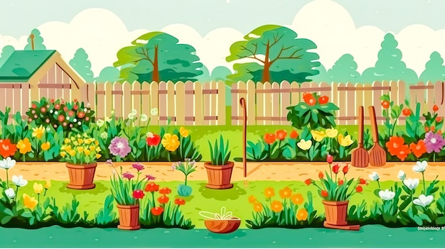 Photo cartoon flower garden in front of the fence in the village