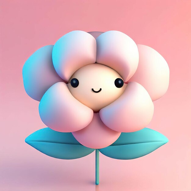 A cartoon flower with a blue face is on a pink background.