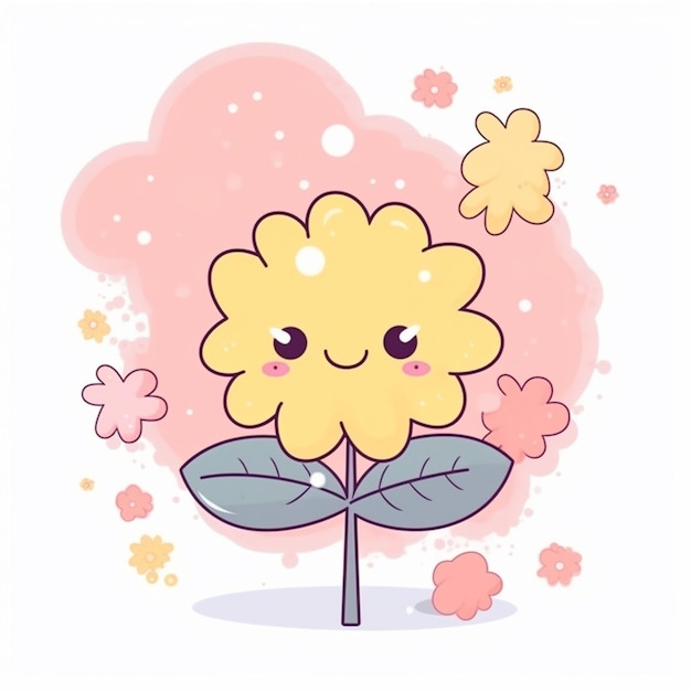 A cartoon flower with a face and a pink background