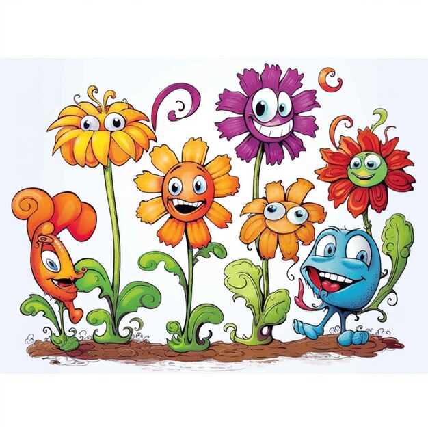 Foto fiori di cartone animato con facce e occhi in un giardino generativo ai