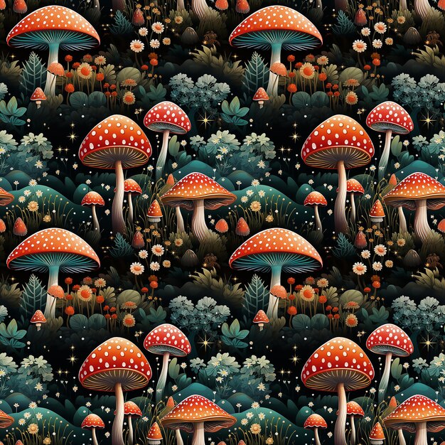 cartoon fly agaric background naive art seamless pattern