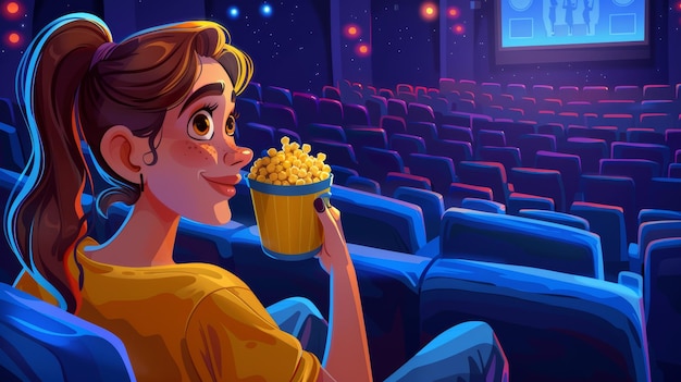 Cartoon flyers set for movie night Young woman with pop corn bucket sits on dark theater couch watching interesting film premiere promo posters modern illustration