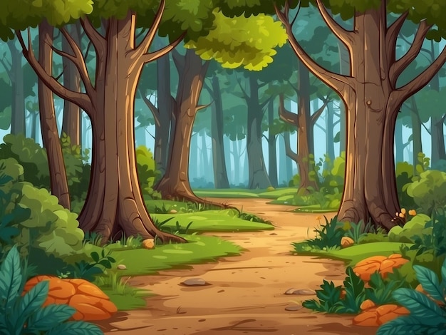 Foto cartone animato foresta sullo sfondo paesaggio naturale con alberi a foglia caduca