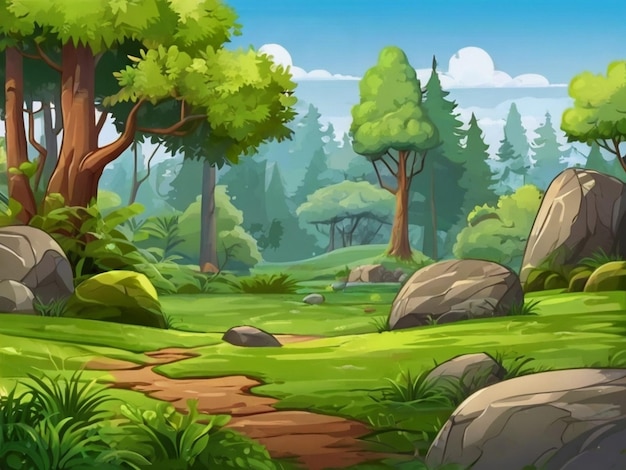 Фото Фоновый мультфильм лес натуральный ландшафт с лиственными деревьями