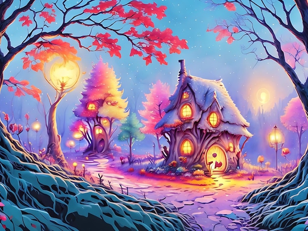 Cartoon forest painting illustration