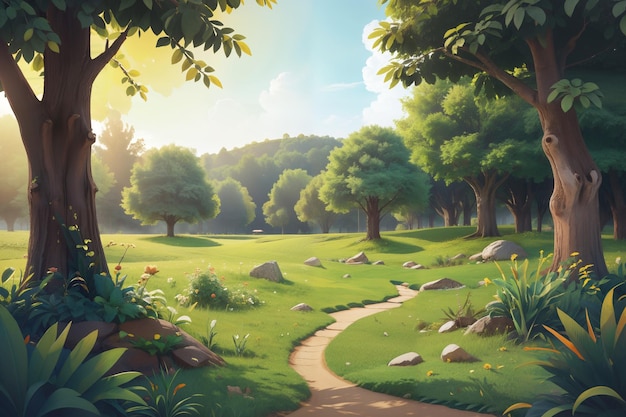 a cartoon forest scene with a path through the trees
