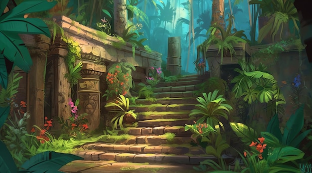 Premium AI Image | cartoon forest and stairs leading to aztec mayan temple