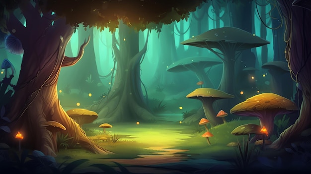 a cartoon of a forest with mushrooms