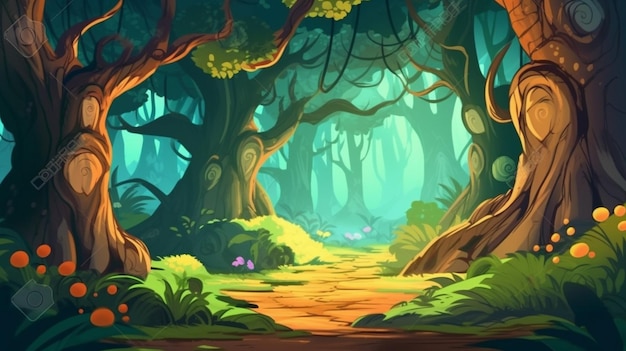 A cartoon forest with a path and trees generative ai