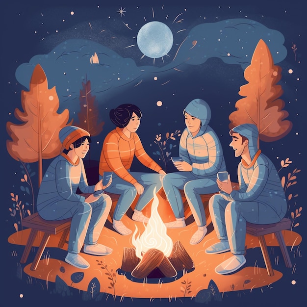 A cartoon of four people sitting around a campfire.