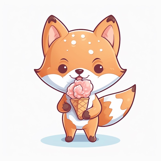 Photo cartoon fox eating an ice cream cone with a white background generative ai
