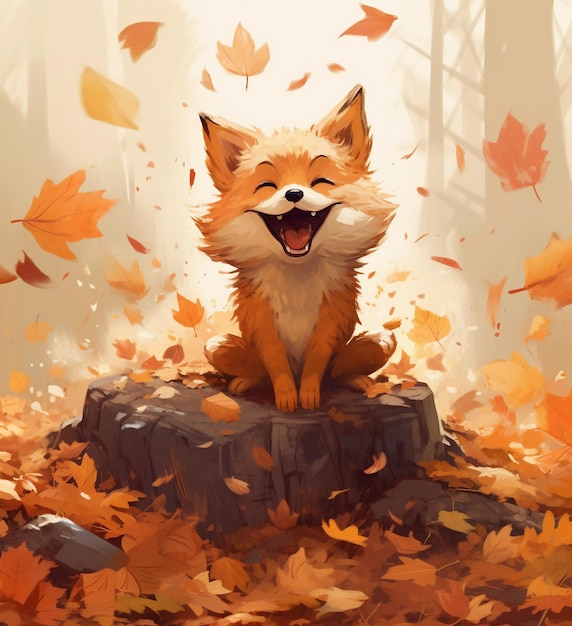 cartoon of a fox in the fall piles in style of soft color palette