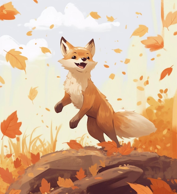 부드러운 색상 팔레트 스타일의 가을 더미에 있는 여우의 만화