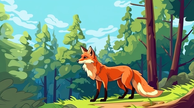 Cartoon fox in the forest Fantasy concept Illustration painting