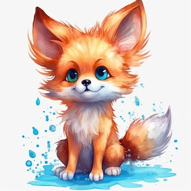 A cartoon fox sitting in a puddle of water with blue eyes generative ai