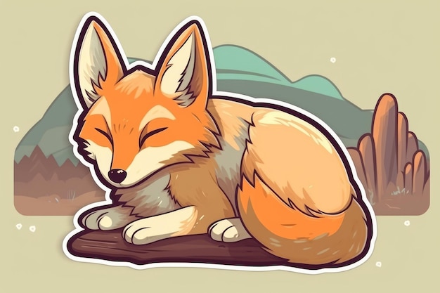 A cartoon fox sleeping on a log with a green background.