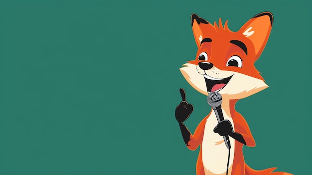 Photo a cartoon fox wearing a black glove is holding a microphone and has its finger pointing up while smiling with a green background