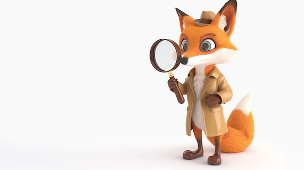 Photo a cartoon fox wearing a brown trench coat and a brown hat is holding a magnifying glass