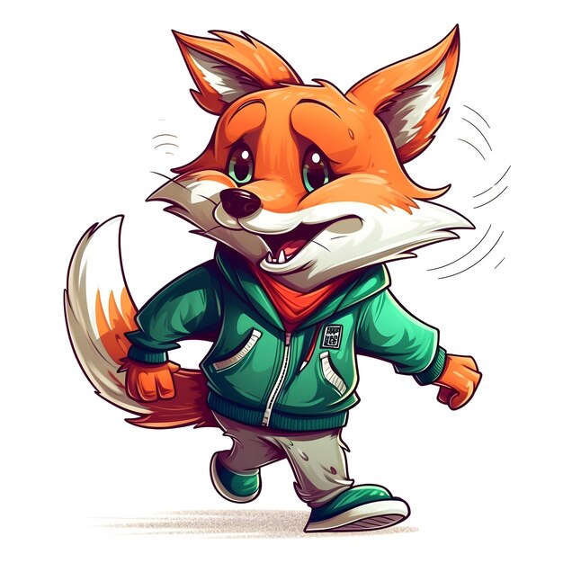 A cartoon fox wearing a green jacket with a red tail and a white collar.