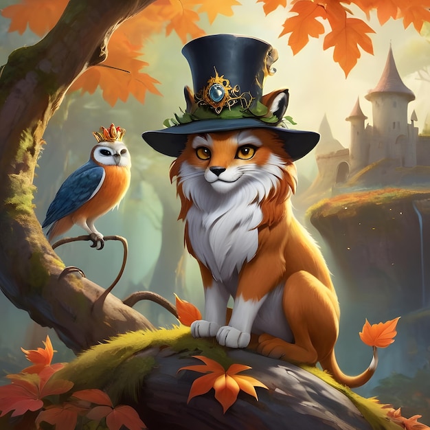 Photo a cartoon fox wearing a hat with a red tail ai generated